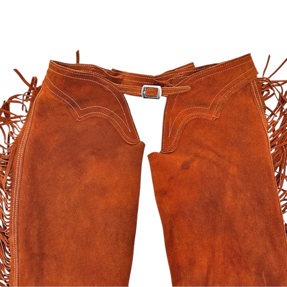 TALON ZIPPER RARE Pre 1960s Vintage Brown Distressed Suede Fringe Trim Chaps - Picture 6 of 12